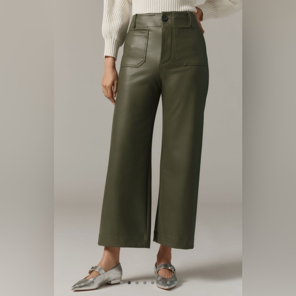 Anthropologie Maeve Colette Crop Wide Leg Pants Faux Vegan Leather DarkGreen 31p